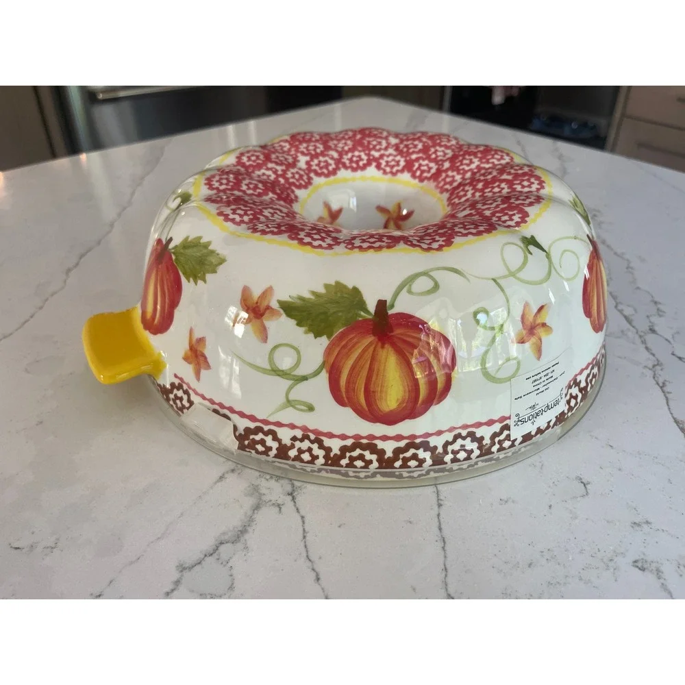Temp-tations Old World Pumpkin Fluted Bundt Cake Pan Ceramic Baker with Lid